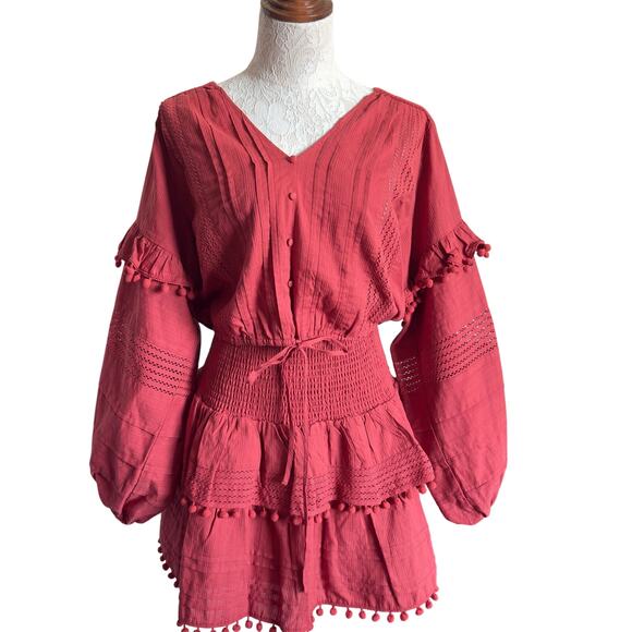 House of Harlow 1960 Rust Boho Pom Pom Smocked Tunic Skirt Set M Cottagecore - Picture 1 of 7